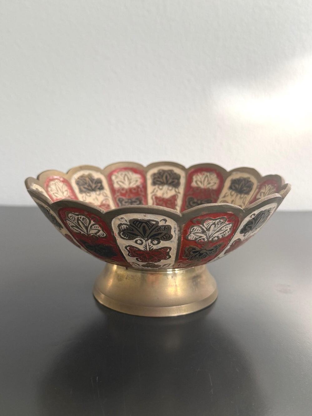 Vintage Brass Pedestal Bowl Enameled Floral Scalloped Dish Made in India